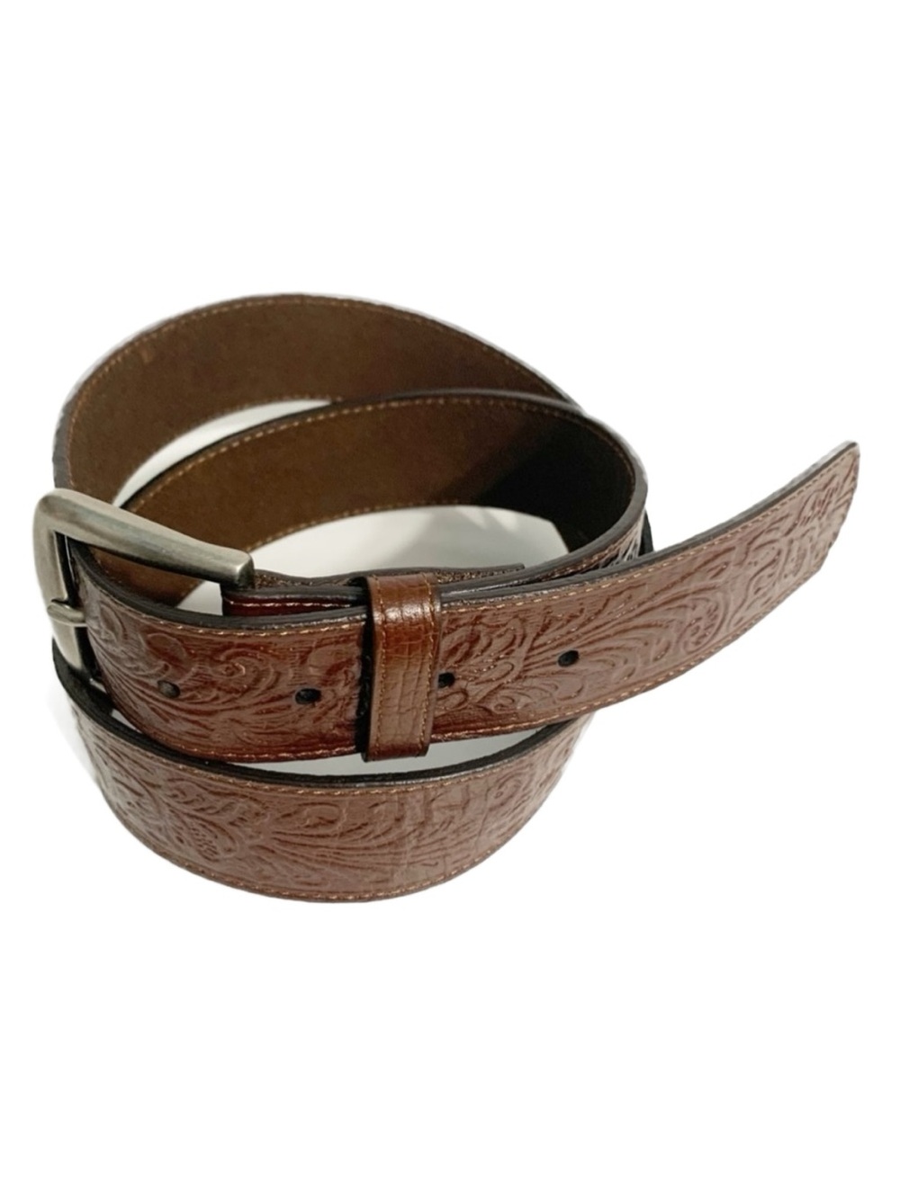 Arizona Filigree Emboss Leather Western Style Belt Silver Buckle Brown Size M 42